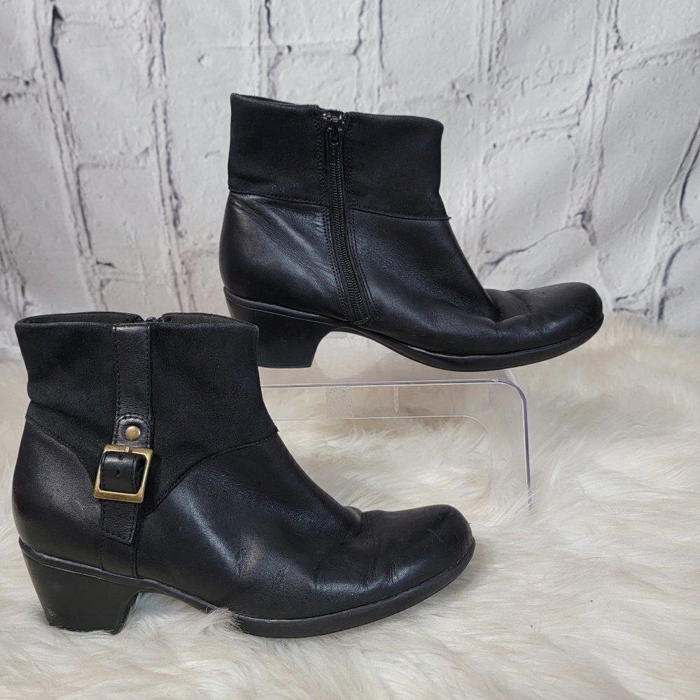 CLARKS Womens 9 Ingalls Dover‎ Leather Black Heeled Booties Comfort Ankle Boots